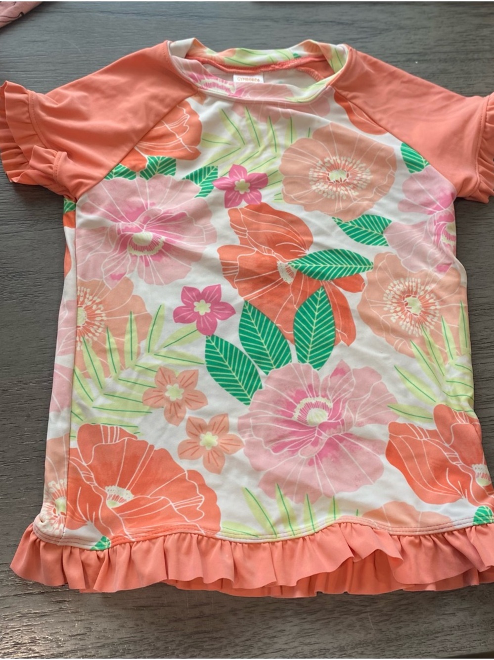 Girls size 6 Gymboree Coral Floral Ruffle Short-Sleeve swimsuit top